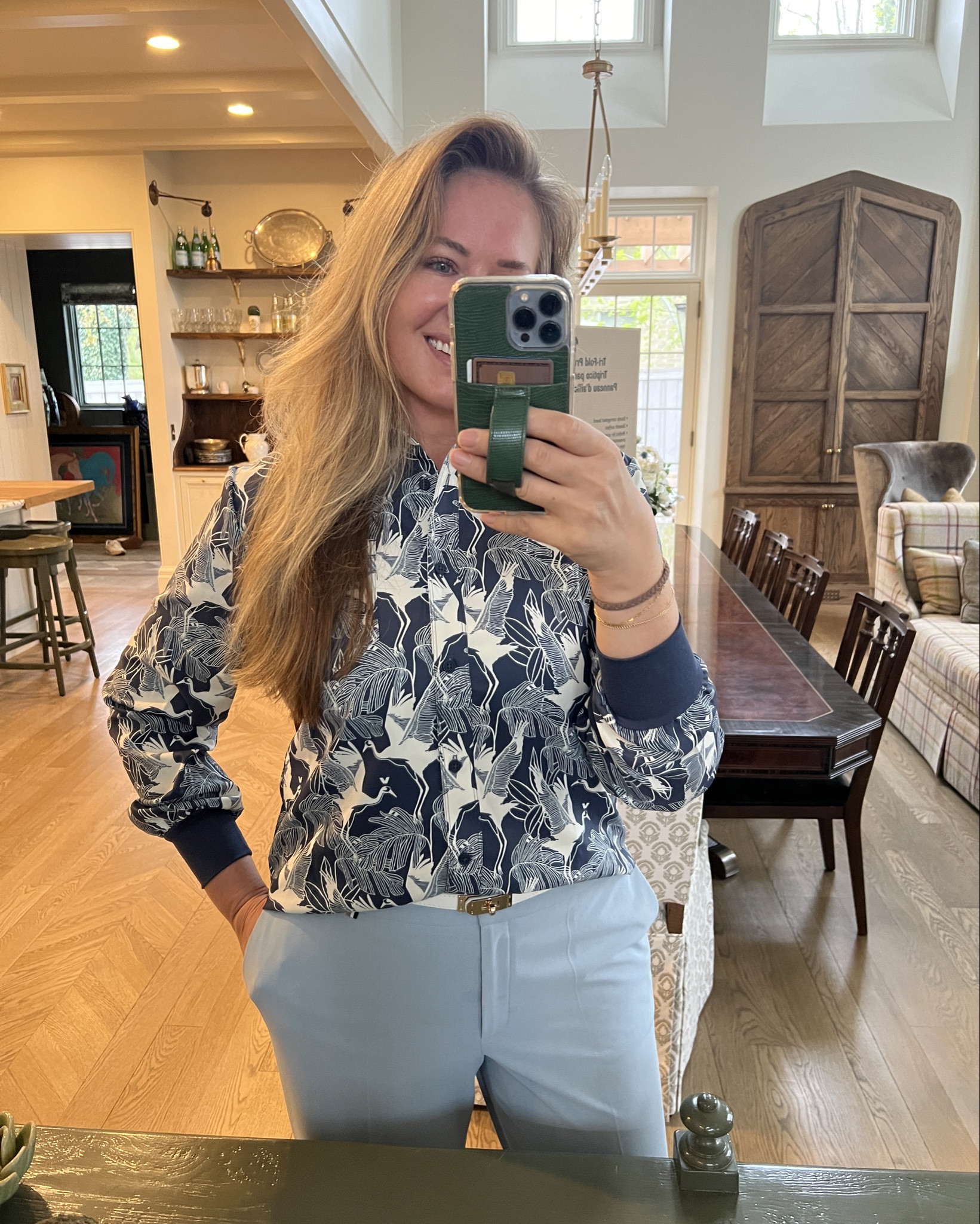 Finally warm enough to wear my blue crane shirt from A.Putnam! My favorite button down ever: wash, dry, go, no iron and no staining. LOVE every color I have! 

#LTKStyleTip #LTKOver40 #LTKMidsize