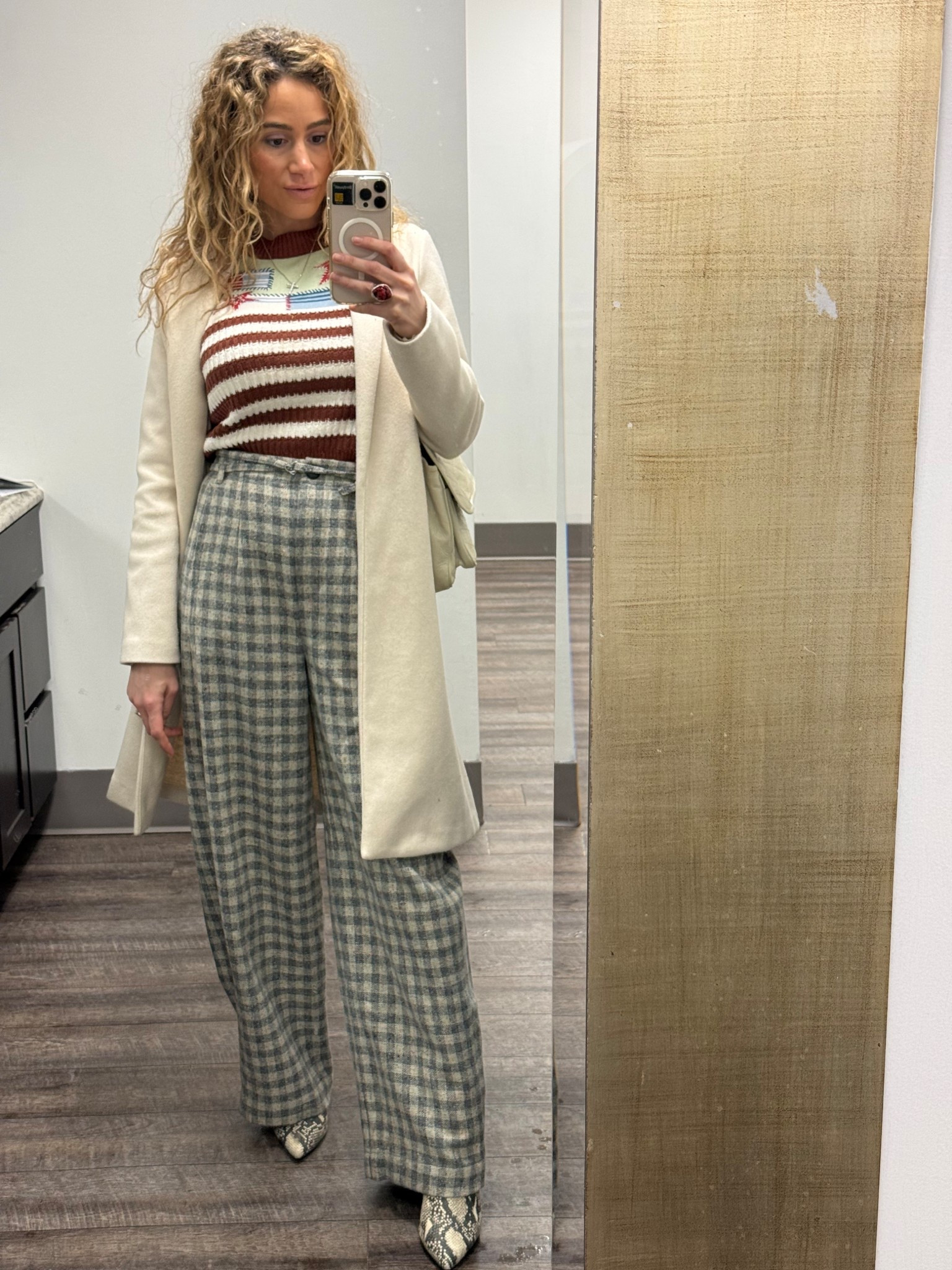 Sunday morning outfit of the day. Sunday outfit. Church outfit. Banana republic pants. Anthropologie top and sweater vest. Steve Madden faux snakeskin boots. YSL purse. Neutral outfit. 

#LTKootd #LTKmorningroutine #LTKgrwm