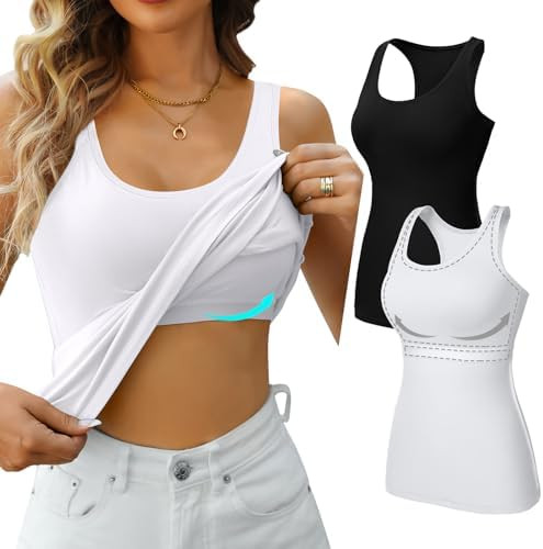 V FOR CITY Womens Shelf Bra Tank Tops Racerback Workout Camis Yoga Shirt Cotton Undershirt 2 Pack | Amazon (US)