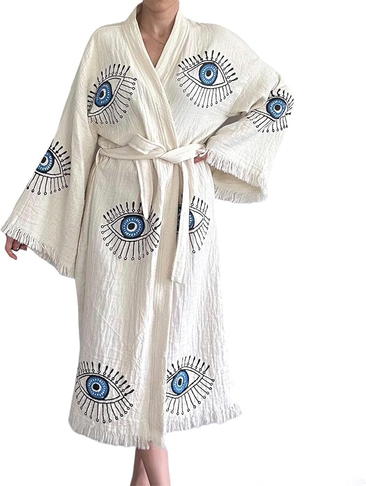 The Pinus Women's Handmade Evil Eye Kimono Robe, Robe, Kaftan, Cover Up, BeachWear 100% Cotton Be... | Amazon (CA)