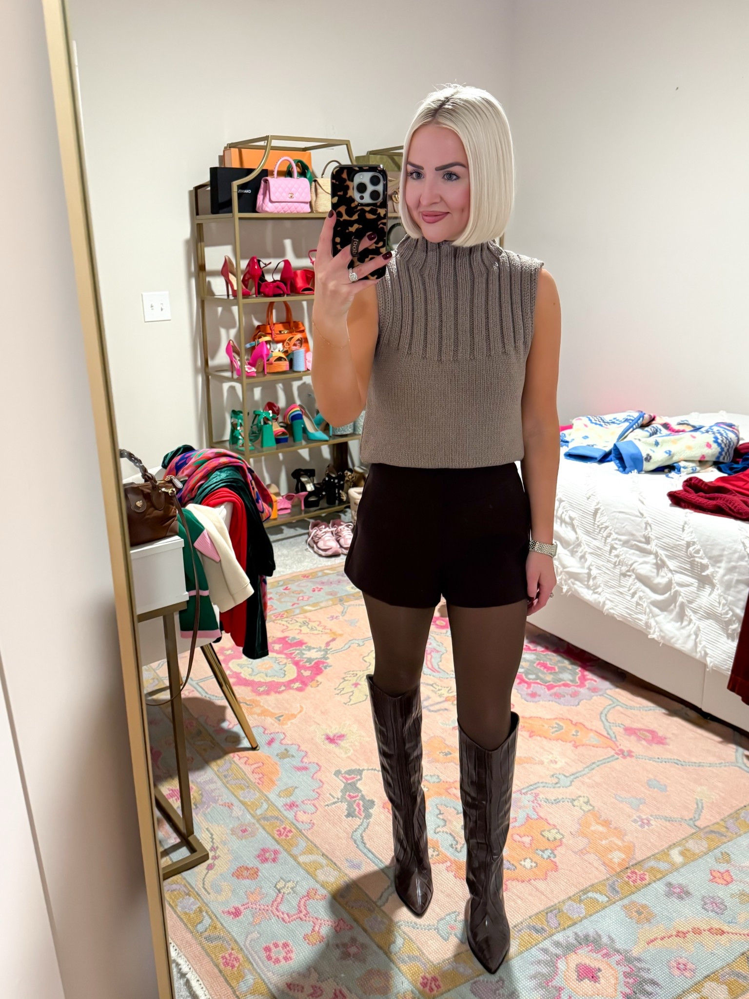 Zara mock neck sweater (XS) / Zara brown mini shorts (XS) / brown tights outfit / date night outfit 

#LTKootd #LTKHoliday #LTKCyberWeek