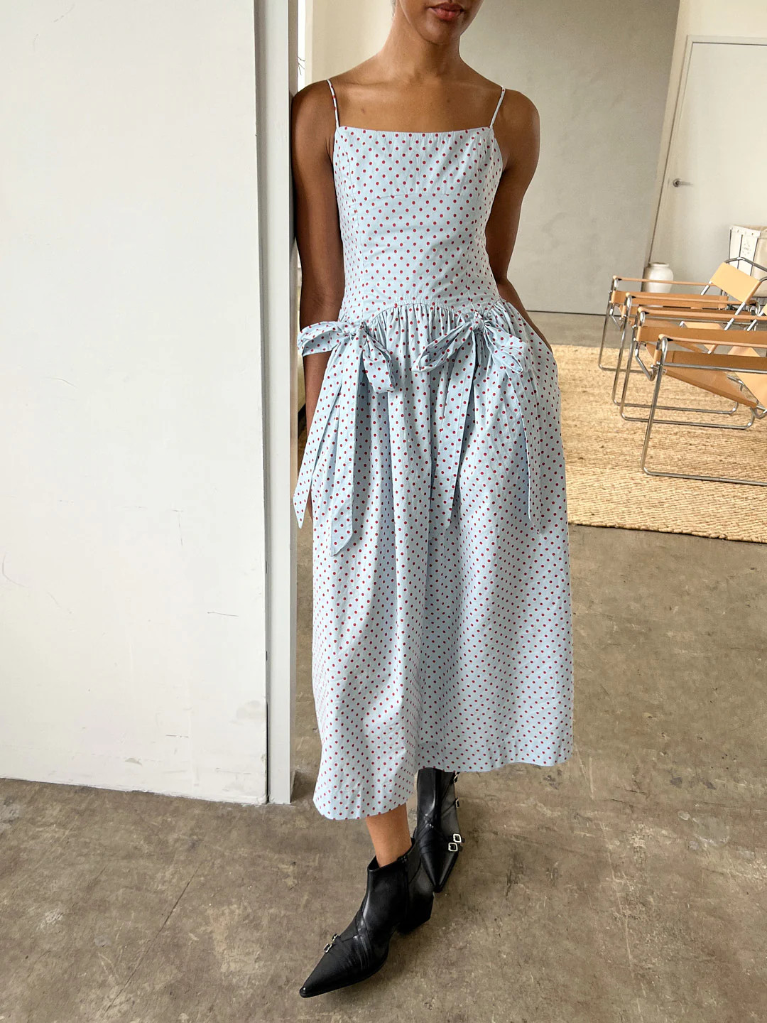 Penelope Midi Dress - Blue & Red Spot | Lisa Says Gah