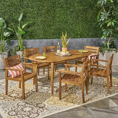 Midvale 7pc Acacia Wood Dining Set - Teak - Christopher Knight Home | Target