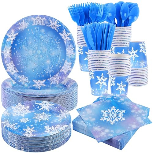 durony 350 Pcs Frozen Birthday Party Supplies Winter Snowflake Frozen Plates Napkins Cups Plastic Cutlery Frozen Party Disposable Tableware for Christmas Winter Wonderland Decorations Serve 50 Guests | Amazon (US)