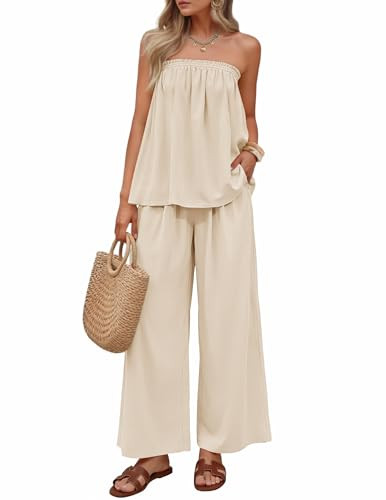 ZESICA Women's Summer 2 Piece Sets 2026 Spring Casual Strapless Tube Top Wide Leg Pants Ruffle Be... | Amazon (US)