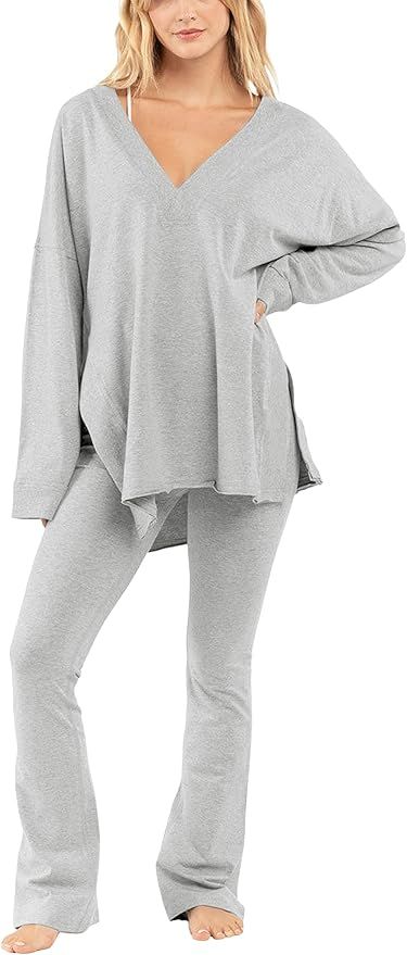 Lentta Women's 2 Piece Outfits Reversible Long Sleeve Set Oversized V Neck T-Shirts Flared Leggin... | Amazon (US)