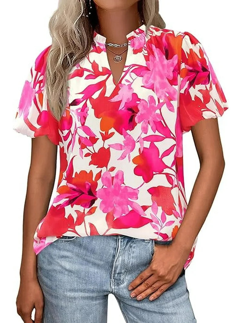 PRETTYGARDEN Boho Short Sleeve Floral Work Blouses for Women Dressy Casual V Neck Puff Sleeve Loo... | Walmart (US)