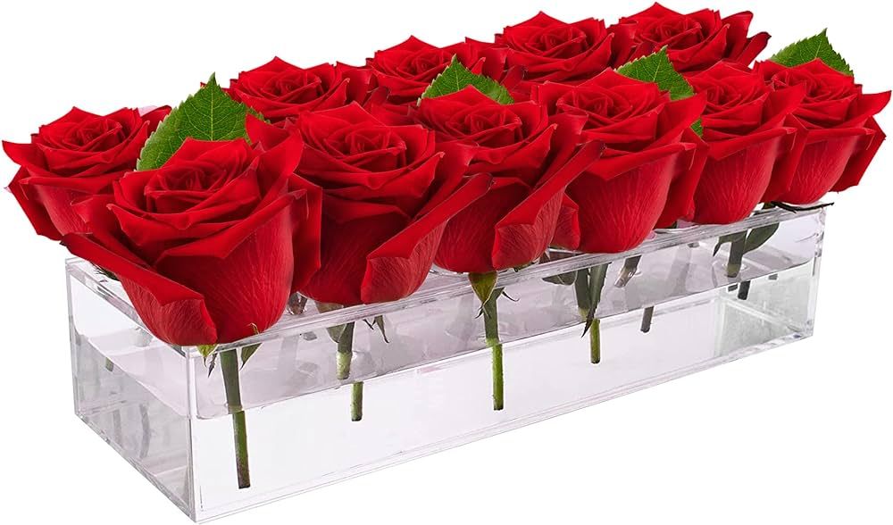 Clear Acrylic Flower Vase Rectangular Floral Centerpiece - Clear Vases for Centerpieces - 12 inch... | Amazon (US)