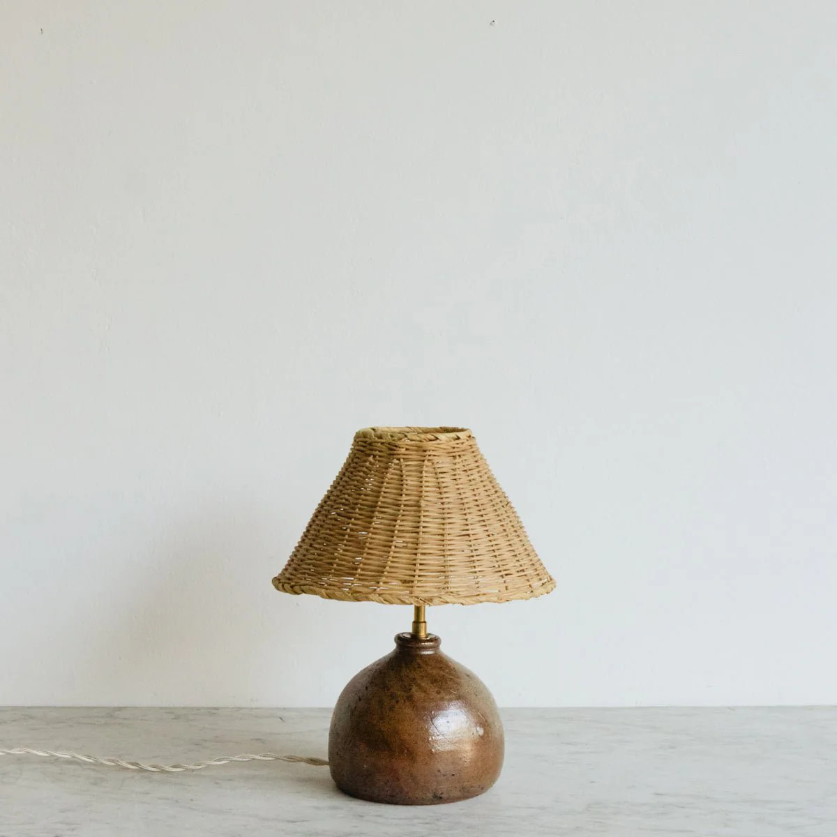 Vintage Stoneware Lamp With Rattan Shade - decor - elsie green | Elsie Green US