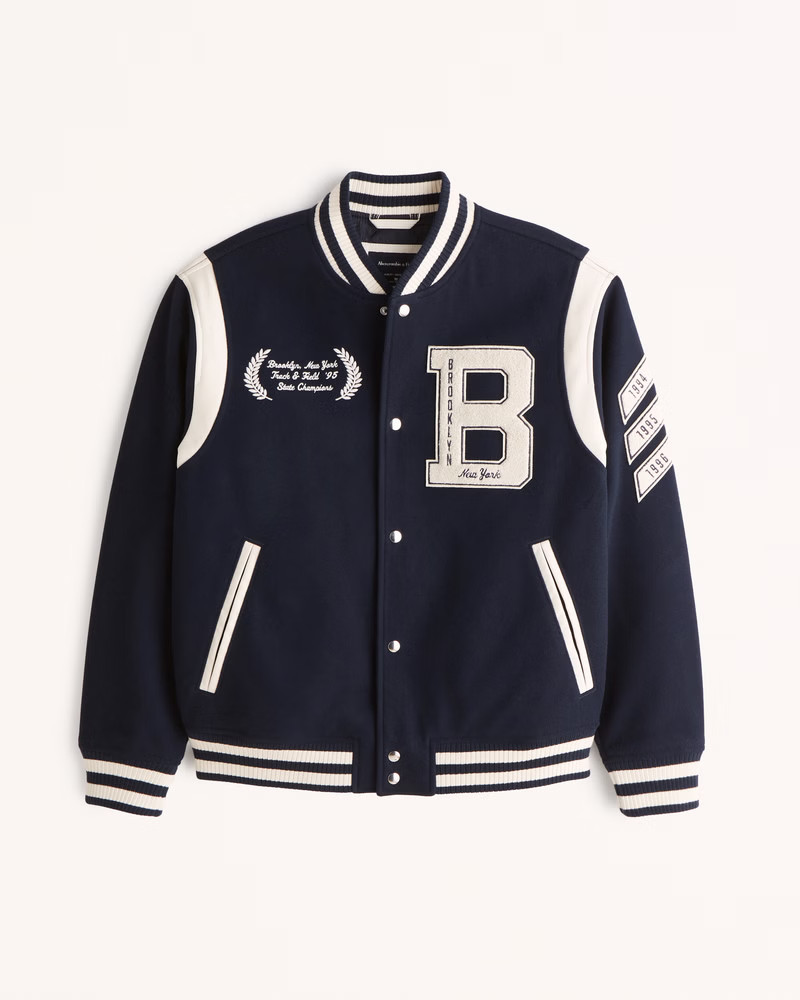 Abercrombie & Fitch Men's Varsity Bomber Jacket in Navy Blue Pattern - Size L | Abercrombie & Fitch (US)