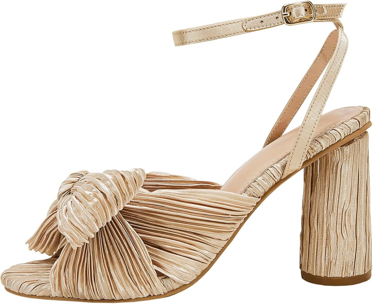 Women's Bow Knot Heeled Sandals Bridal Wedding Open Toe Ankle Strap Chunky Heels | Amazon (US)