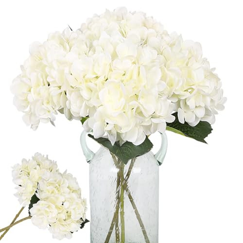 Kisflower 6pcs White Hydrangea Artificial Flowers - Faux Hydrangea Flowers, Fake Silk Flowers for Table Centerpiece, Silk Hydrangea Flowers with Stems for Home Wedding Party Decor | Amazon (US)