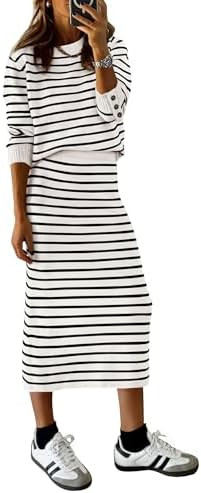 PRETTYGARDEN 2 Piece Skirts Sets for Women Fall Fashion 2026 Striped Sweater Dress Knit Lounge Tr... | Amazon (US)