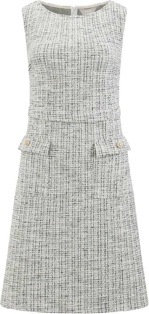 Boat neck, sleeveless, tweed fabric, pockets front and A line. Great for work, cocktail, wedding ... | Amazon (US)