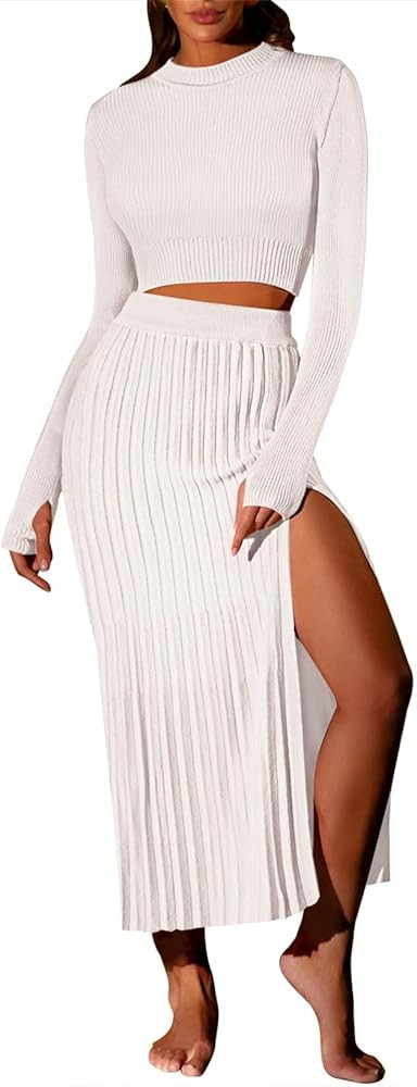 Pink Queen Women's 2 Piece Sweater Outfits Set Long Sleeve Crop Top Ribbed Split Bodycon Midi Lon... | Amazon (US)