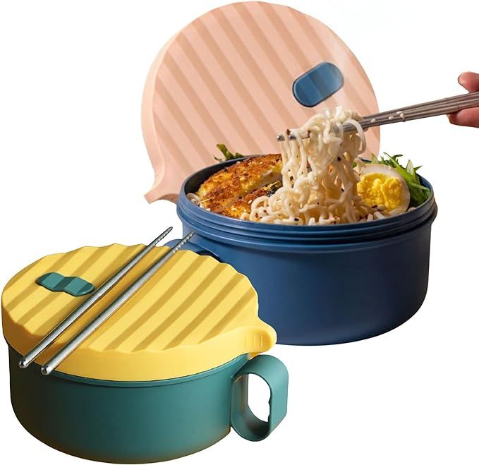 Microwave Ramen Bowl Set of 2 with Lid and Chopsticks, Portable Soup Bowl with Handle, Instant No... | Amazon (US)