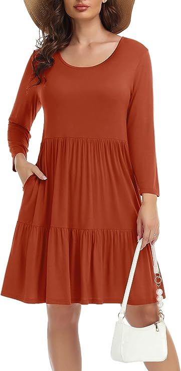 BELAROI Womens Casual Fall Dresses 3/4 Sleeve Empire Waist T-Shirt Dress Babydoll Flowy Swing Tun... | Amazon (US)