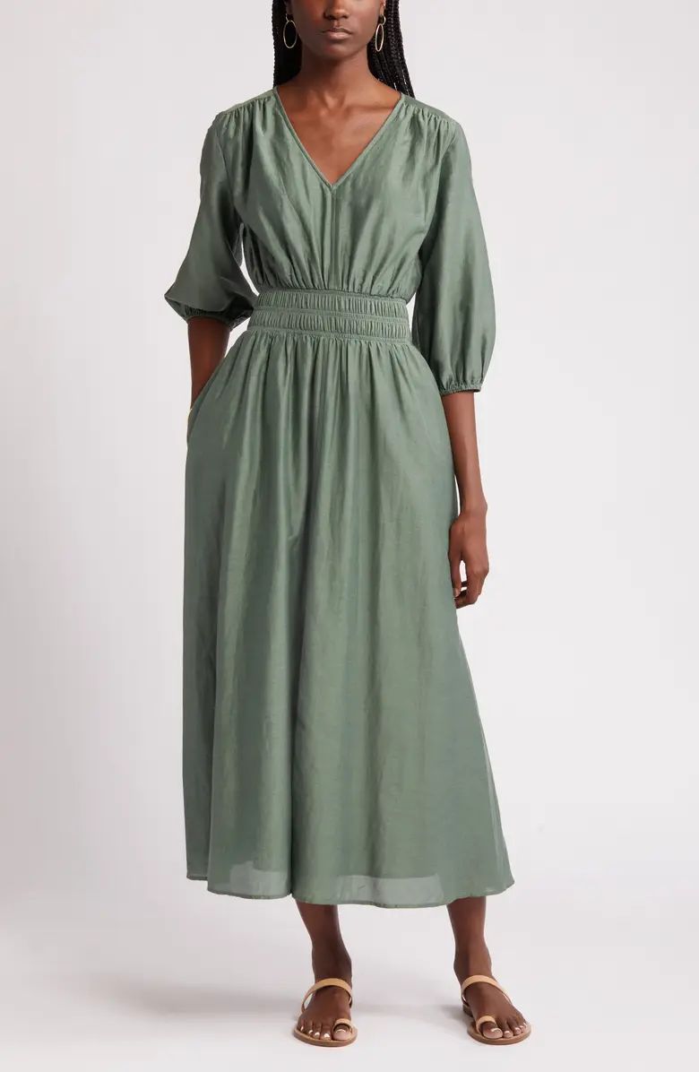 Smocked Waist Cotton & Silk Dress | Nordstrom