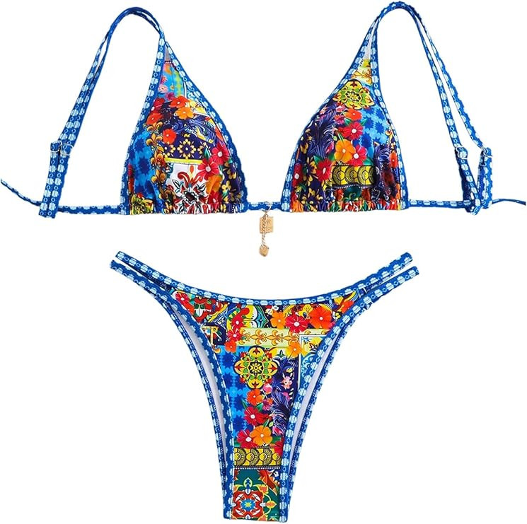 Women's 2 Piece Boho Swimsuits Graphic High Cut Cheeky Bikini Set Floral Swimwear | Amazon (US)