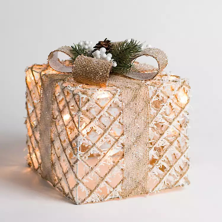 New! Pre-lit Neutral Burlap Gift Box, 10 in. | Kirkland's Home