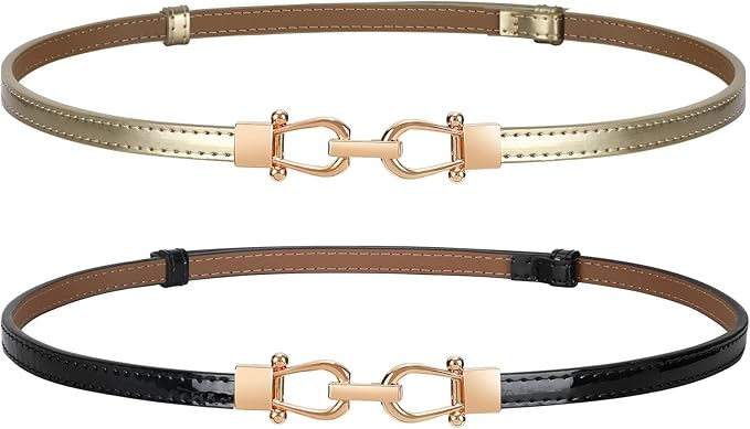 LEACOOLKEY Women Skinny Waist Belt with Gold Buckle Adjustable Leather Thin Waist Belt for Dress | Amazon (US)