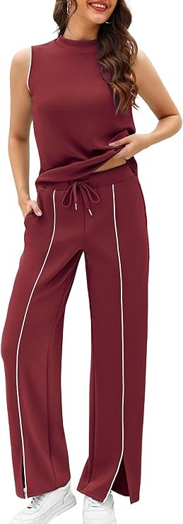 Casly Lamiit Women's 2 Piece Outfits Summer Casual Mock Neck Sleeveless Top Wide Leg Pant Sets Fr... | Amazon (US)