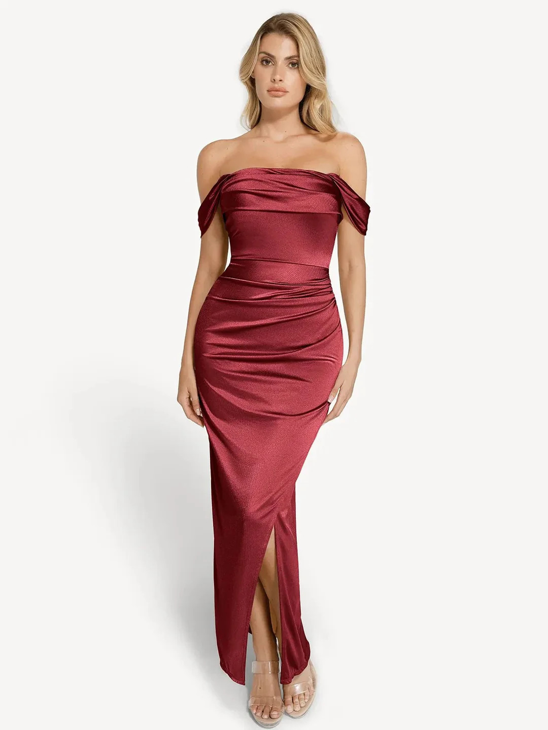 Shapewear Off Shoulder Shine Ruched Sculpting Maxi Dress | Popilush