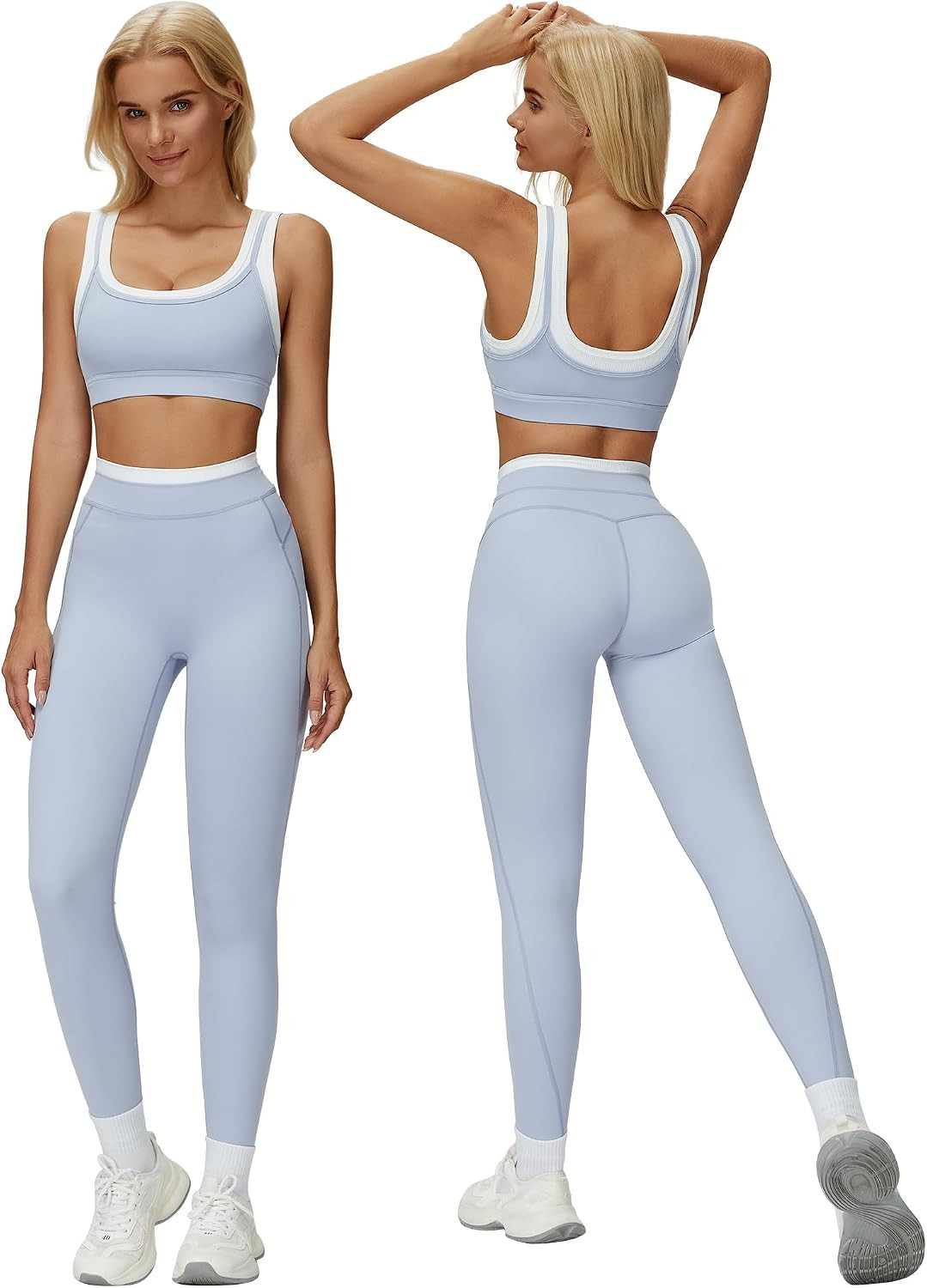 ABOCIW Womens Two Piece Workout Sets Double Layer Sports Bra Matching Tummy Control High Wait Leggings Active Gym Outfit | Amazon (US)