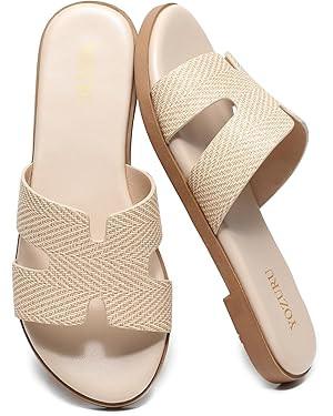 Yozuru Womens Flat Sandals Open Toe Dressy Summer Sandals Comfortable Casual Slip on Leather Slid... | Amazon (US)