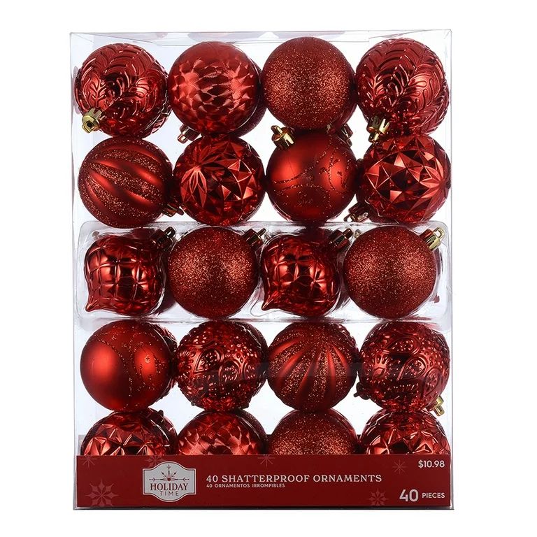Holiday Time 60 mm Christmas Shatterproof Ornaments, Brilliant Red, 40-Count | Walmart (US)