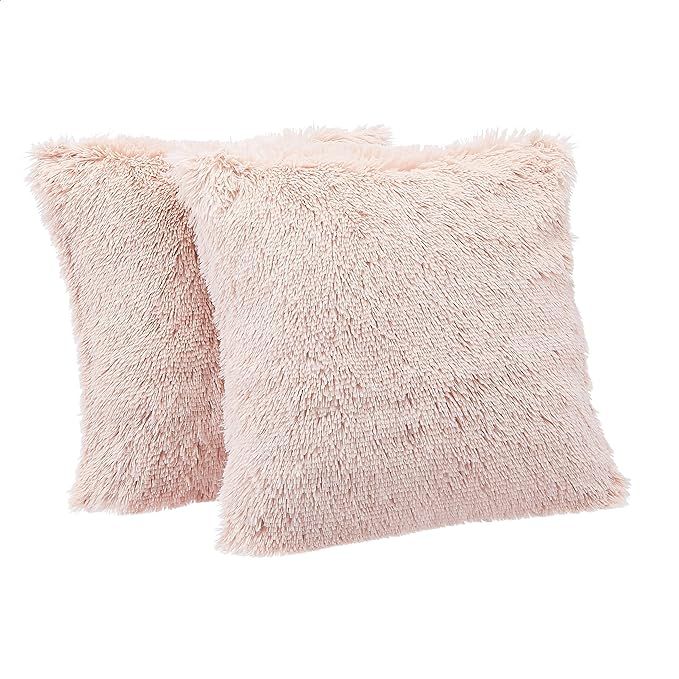 Amazon Basics Shaggy Long Fur Faux Fur Throw Pillow Covers, 18"x18", Pack of 2 - Peach Blush | Amazon (US)
