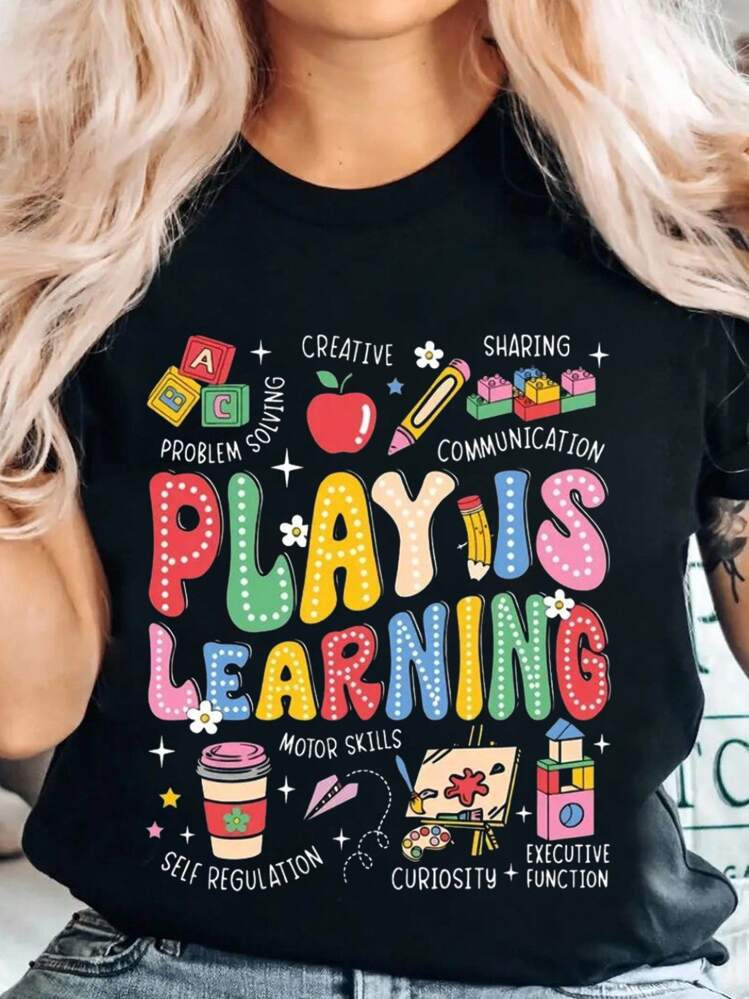 EMERY ROSE Retro Groovy Play Is Learning Kindergarten Teacher Daycare T-Shirt , Breathable & Comf... | SHEIN