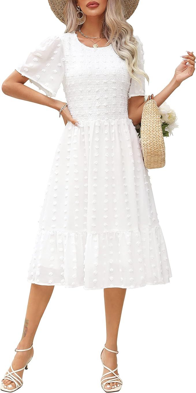 Annebouti Women's 2024 Summer Spring Wedding Guest Dresses Short Sleeve Casual Flowy Swiss Dot Sm... | Amazon (US)