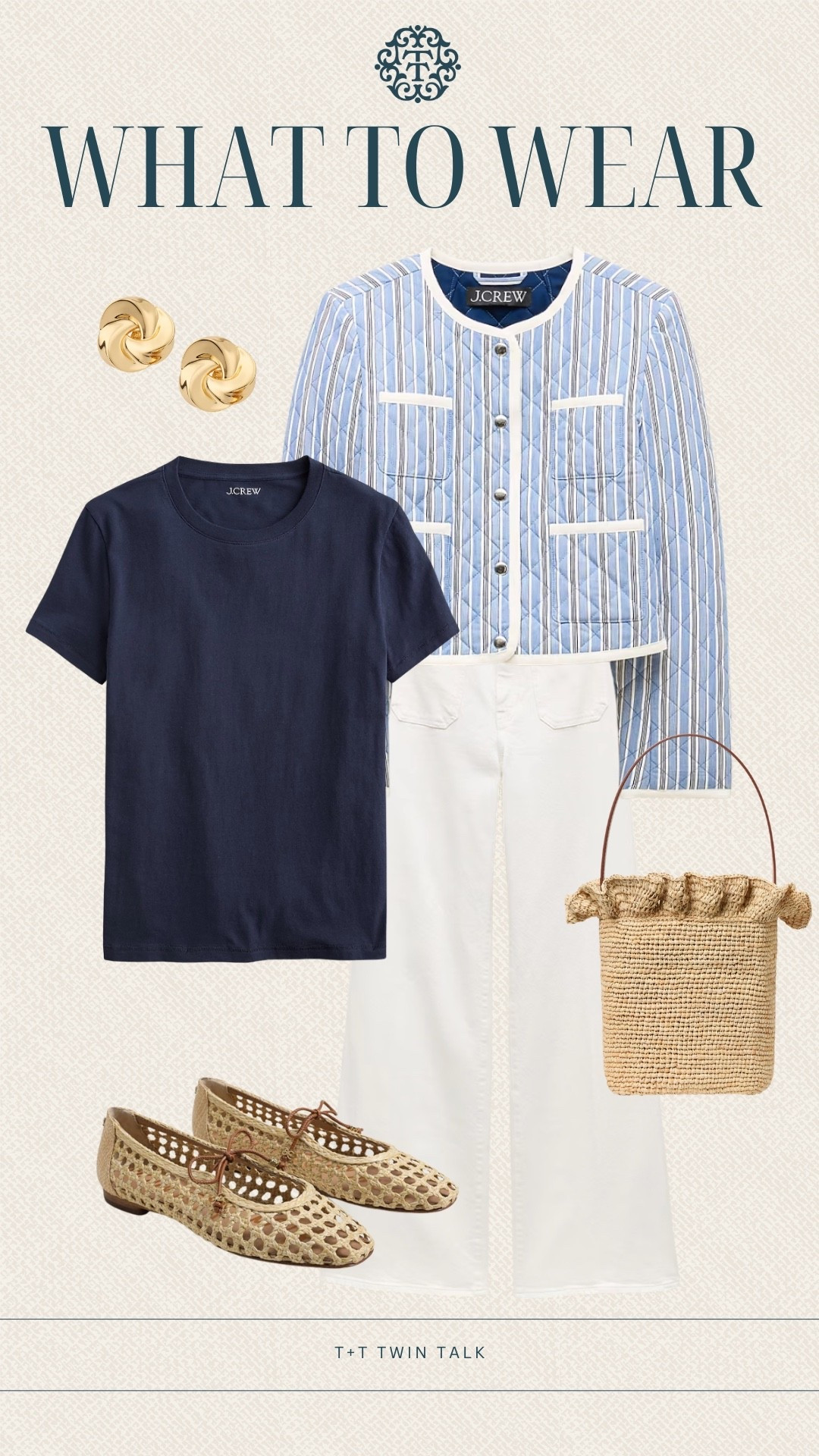 T+T, what to wear! This navy tee and striped J.Crew jacket layered with J.Crew pants creates a classic, put-together look. Styled with woven flats and a textured bag, it’s a great option for lunch, errands, or a casual day out.

#LTKSeasonal #LTKMidsize #LTKOver40