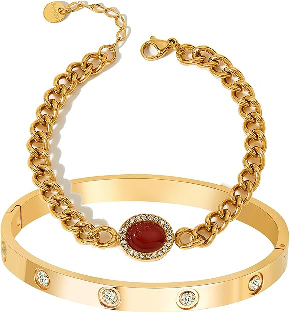 A D. ALLEN & DANMI. 18 K Gold Plated Love Bangle Bracelet Set Flexible Wide Wristband Bangle Bang... | Amazon (US)