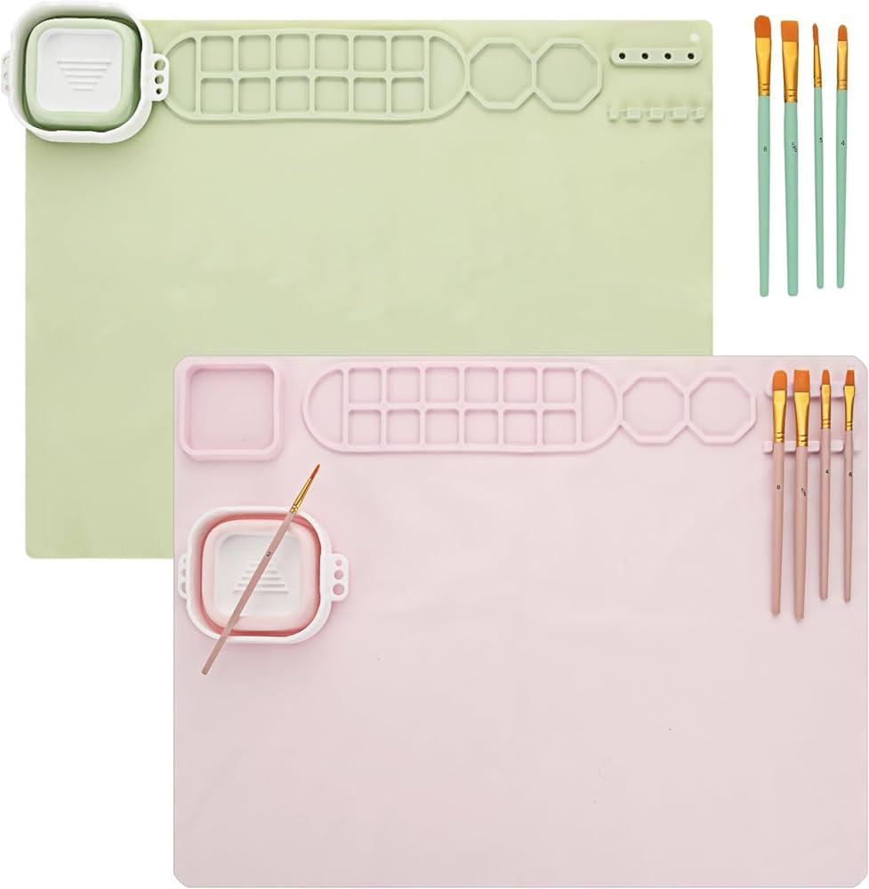 FVIEXE 2PCS 20x16 Inch Silicone Painting Mat with Water Cup, Each with 10 Paint Brush, Silicone A... | Amazon (US)