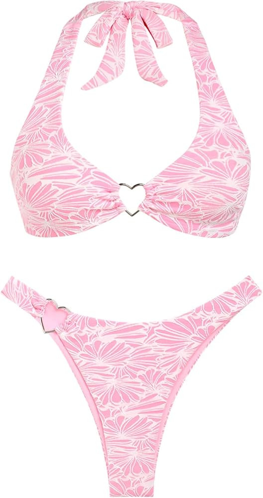 seamoly Floral Terry Cloth Jacquard Heart-Shaped Ring Decor Halter Cheeky Bikini Set | Amazon (US)