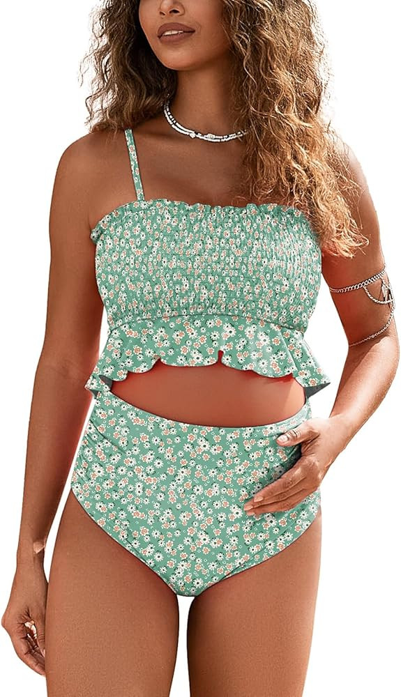 Maternity Swimsuit Two Piece Bikini Bandeau Top Hipster Bottom High Waisted | Amazon (US)