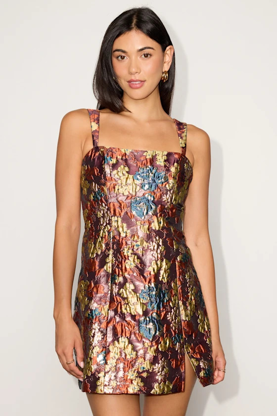 Becks Burgundy Floral Jacquard Mini Dress | Lulus