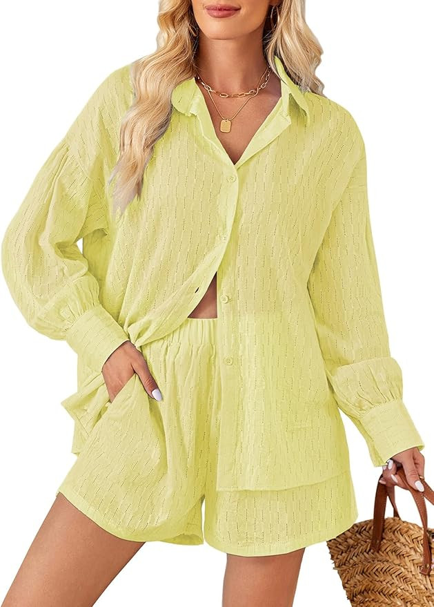 Fixmatti 2 Piece Outfits Long Sleeve Button Down Shirt and Shorts Sweatsuit Lounge Sets | Amazon (US)