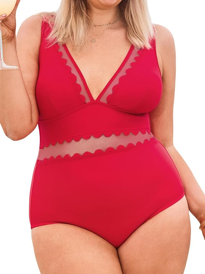 CUPSHE Women's Plus Size One Piece Swimsuit V Neck Mesh Scalloped Bathing Suit Adjustable Straps | Amazon (US)