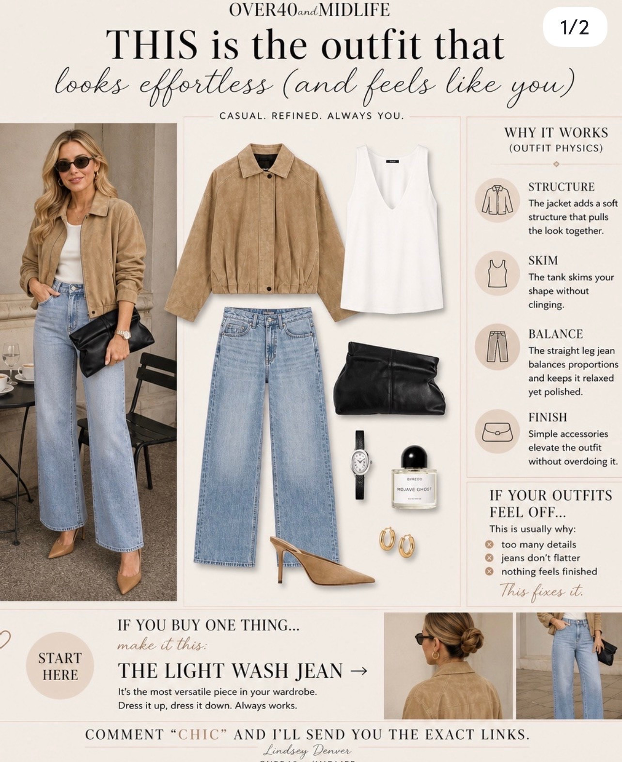 ✨Tap the bell, save and ❤️ for over 40 fashion, midlife style, midsize fashion and luxury looks for less. 

There was a point my jean outfits just felt… off.

Nothing looked bad.
But nothing felt right either.

It wasn’t my body.
It was the fit, the structure… and the balance.

Most outfits fail because:
– the top clings
– there’s no shape
– the proportions feel heavy

This is what fixes it.

A little structure.
A clean skim.
And a straight leg jean that actually holds its shape.

✨ That’s Outfit Physics.

If you buy one thing… start with the jeans.
They change everything.

👑"Helping you look good, feel good!" - Lindsey Denver

#LTKOver40 #LTKMidsize #LTKPlusSize

Comment SHOP below to receive a DM with the link to this post on my LTK ⬇ https://liketk.it/6baBI ltkover40 ltkplussize primeday2022 trgtdealday2022 ltkxprimeday ltkxprime ltkmidsize