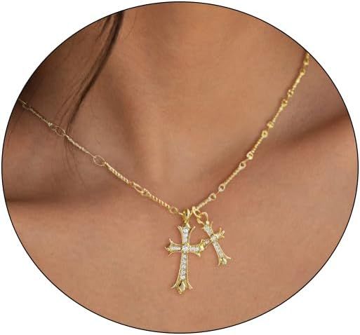 BERISO Cross Necklace 14K Gold/Silver Plated Double Cross Pendant Necklace Dainty Diamond Cross C... | Amazon (US)
