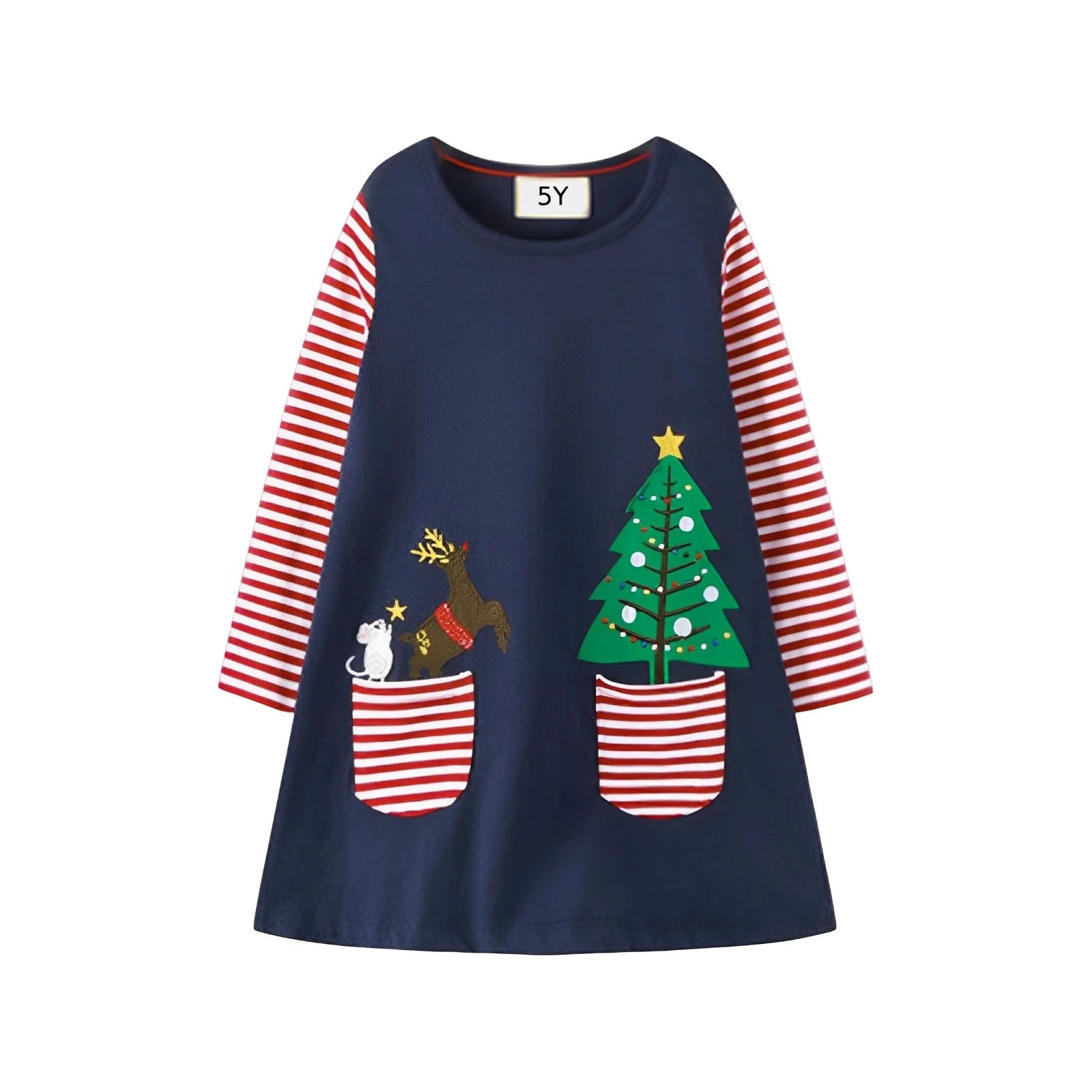 HILEELANG Toddler Girl Christmas Dress Navy Blue Deer Elk Santa Christmas Tree Applique Long Slee... | Walmart (US)