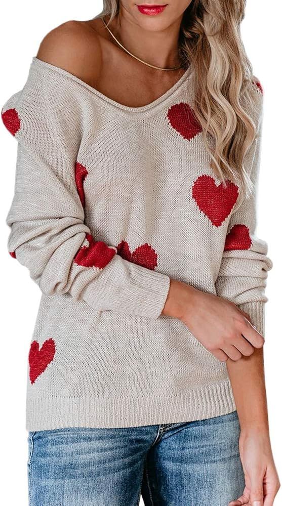 Sherrylily Womens Lightweight Pullover Off Shoulder Batwing Sleeve Heart Print Sweaters Knit Shir... | Amazon (US)