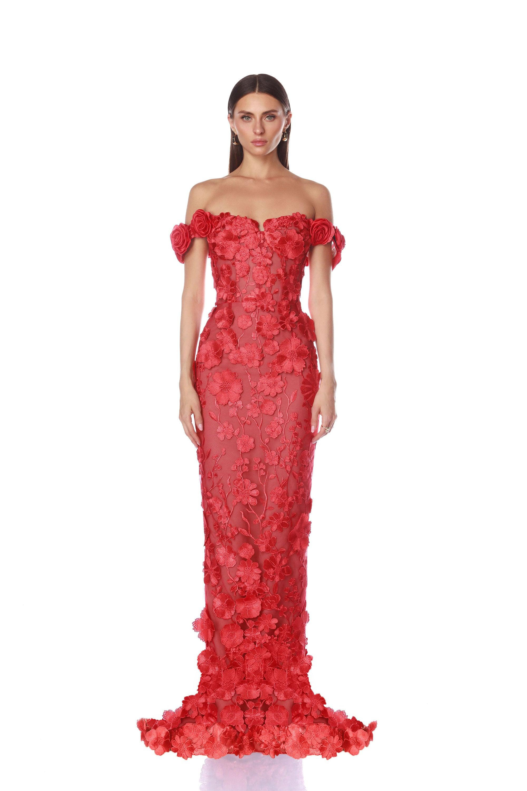 Jasmine Red Off Shoulder Gown | Bronx and Banco