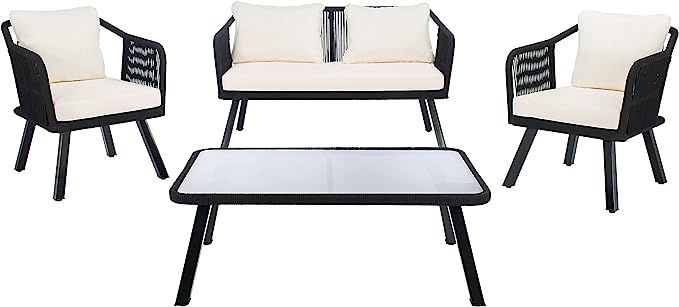 Safavieh Outdoor Collection Torsla Wicker Cushion 4-Piece Rope Patio Backyard Living Set PAT7520B... | Amazon (US)