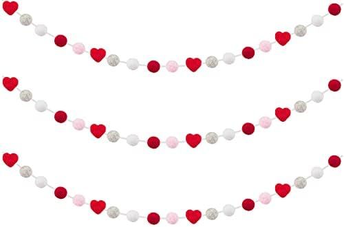 3 Pcs Valentine's Day Felt Ball & Heart Garlands- Grey, White & Red Felt Pom Pom and Felt Heart H... | Amazon (US)