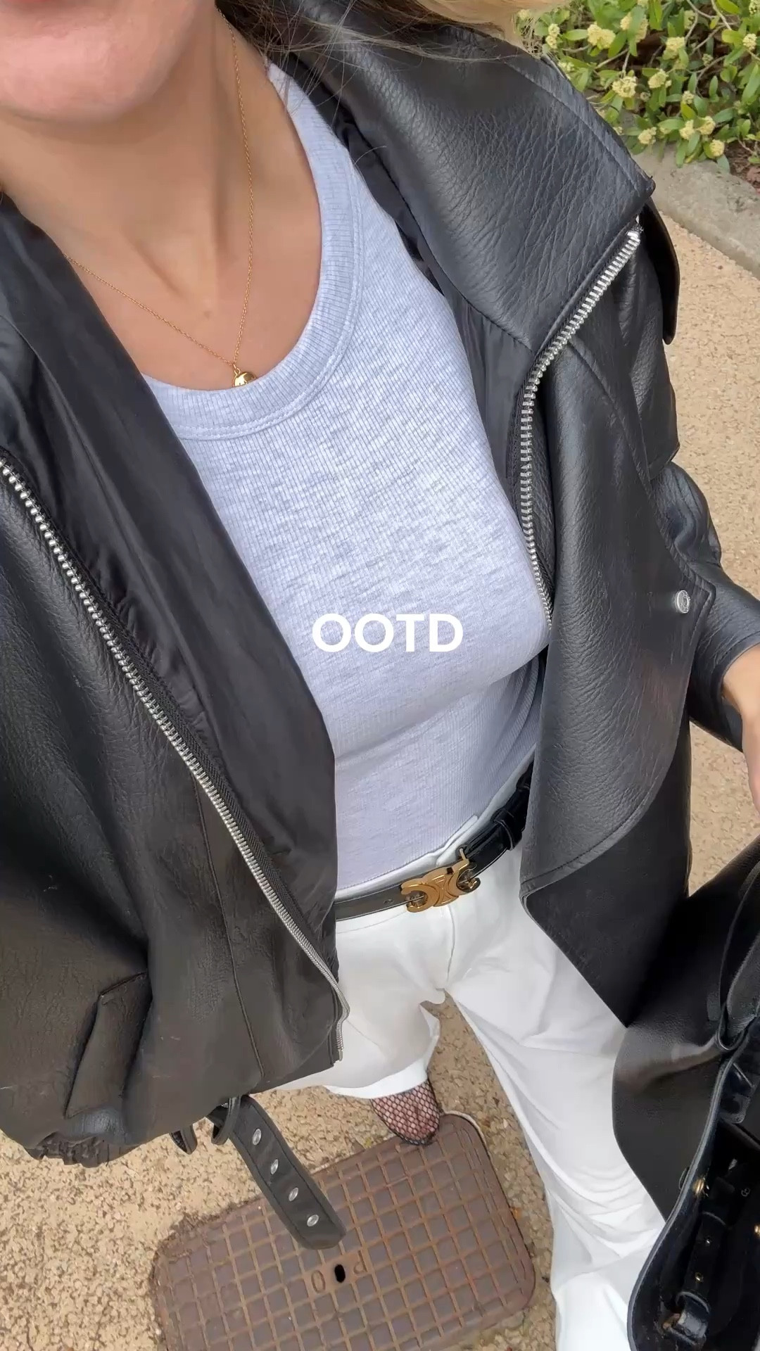 Outfit of the day styling an oversized faux leather jacket, white trousers , mesh shoes and a simple ribbed tank in grey 

#LTKuk #LTKstyletip #LTKspring