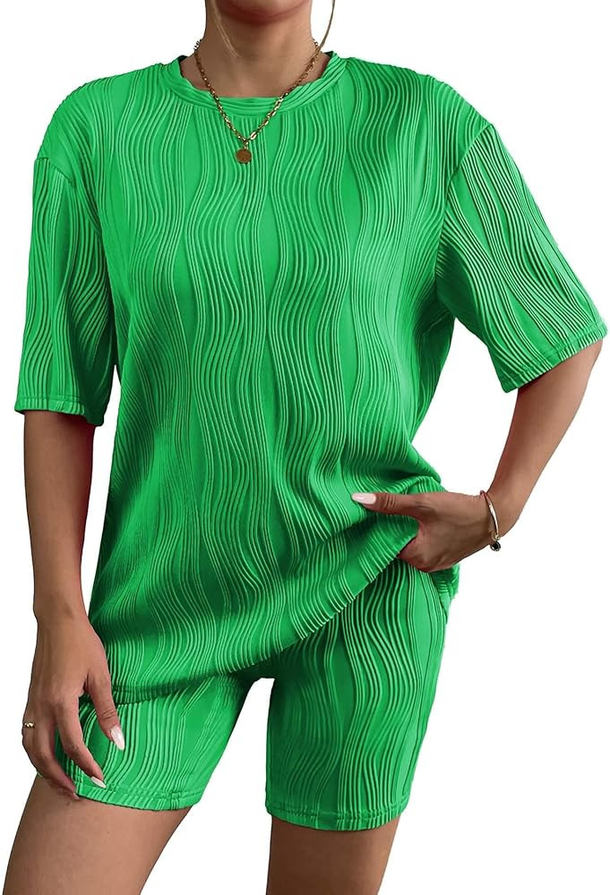 Ekouaer Pajamas 2 Piece Lounge Sets Short Sleeve Matching Outfits Oversized Shirt Biker Shorts Se... | Amazon (US)